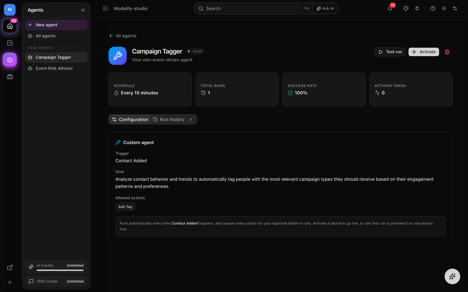 An agent's detail header showing the Test run / Run now, Pause / Activate, and delete controls, with the Draft / Active / Paused status badge.