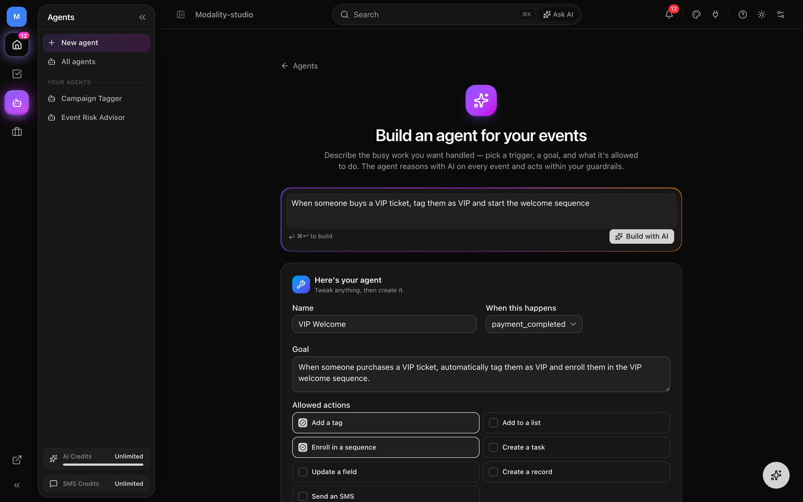 The custom-agent builder, the 'When this happens' trigger picker, the plain-English Goal textarea, the Allowed actions checklist grid, and the Require-approval toggle.