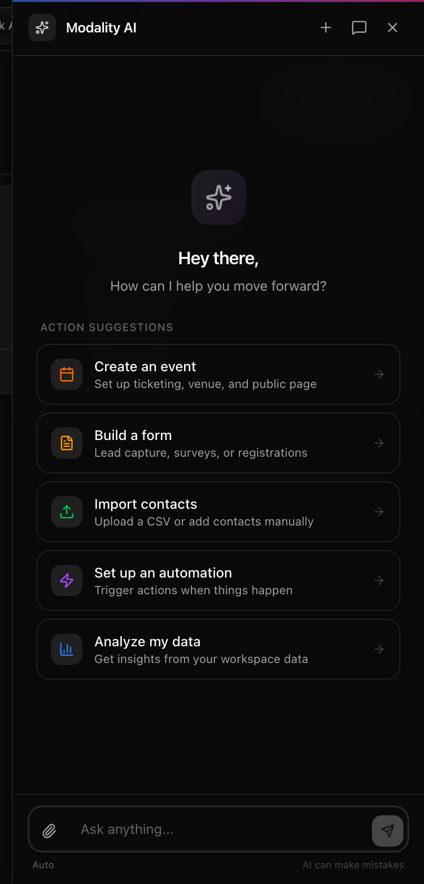 The global AI chat sidebar open over a dashboard page, showing a reply with an expanded tool-use action card (e.g. 'Created invoice INV-0007') and its dashboard link.