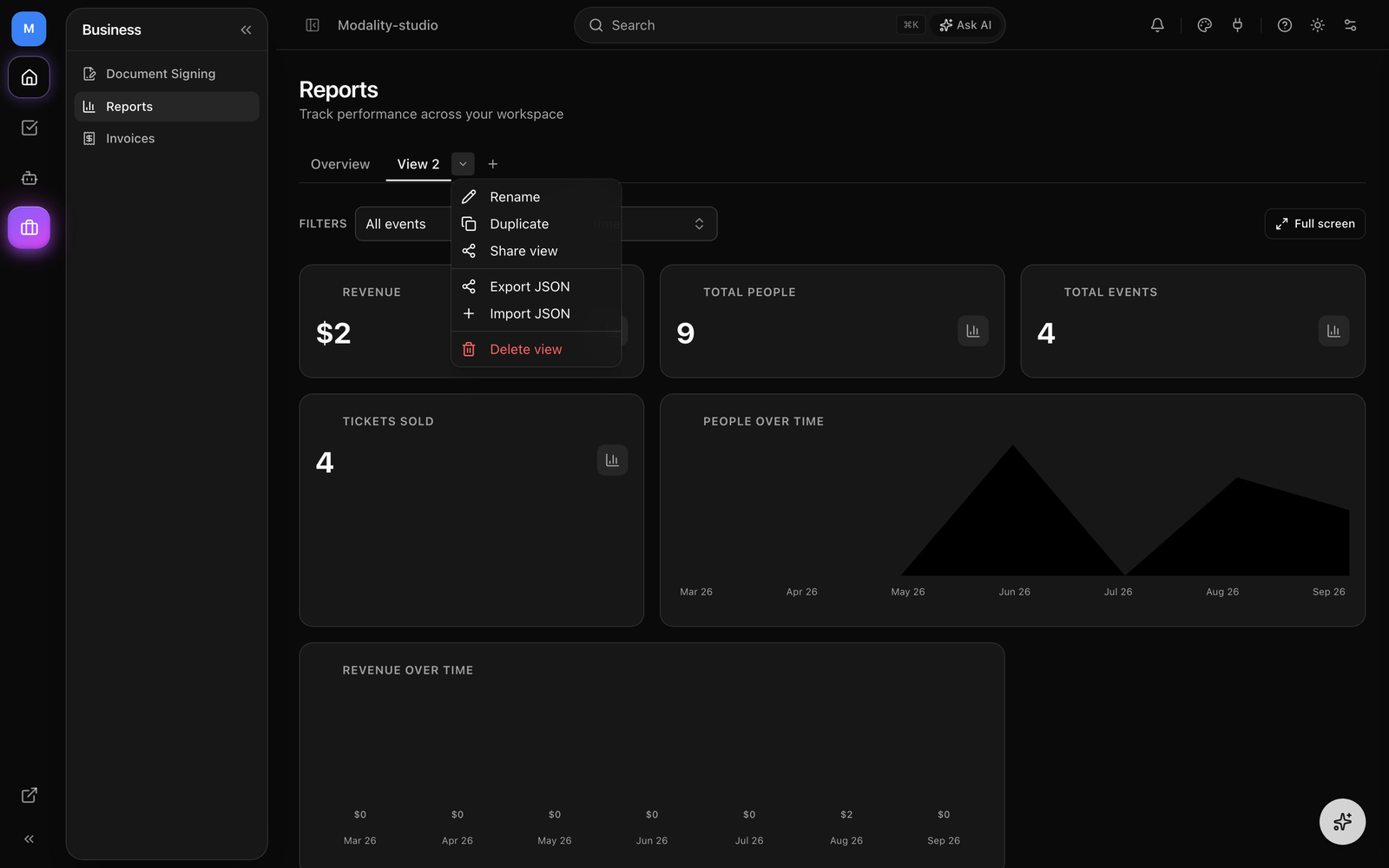 The view tab strip with two or three views, the + button, and the active tab's ▾ menu open showing Rename / Duplicate / Share view / Export JSON / Import JSON / Delete view.