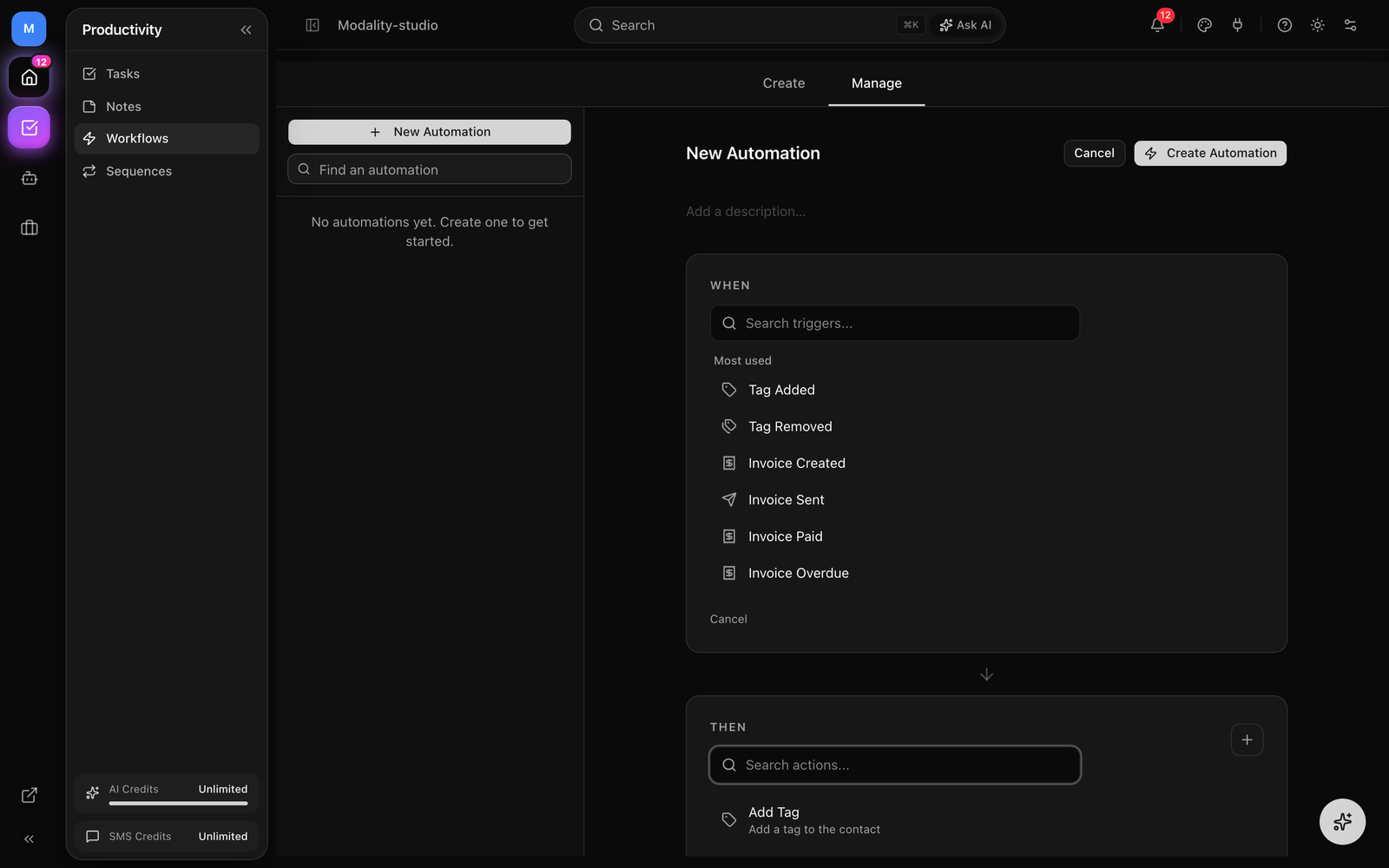The trigger picker showing the trigger-type dropdown and its context-sensitive parameters (e.g. object type + attribute, or the Days Before / Days After / Threshold inputs).