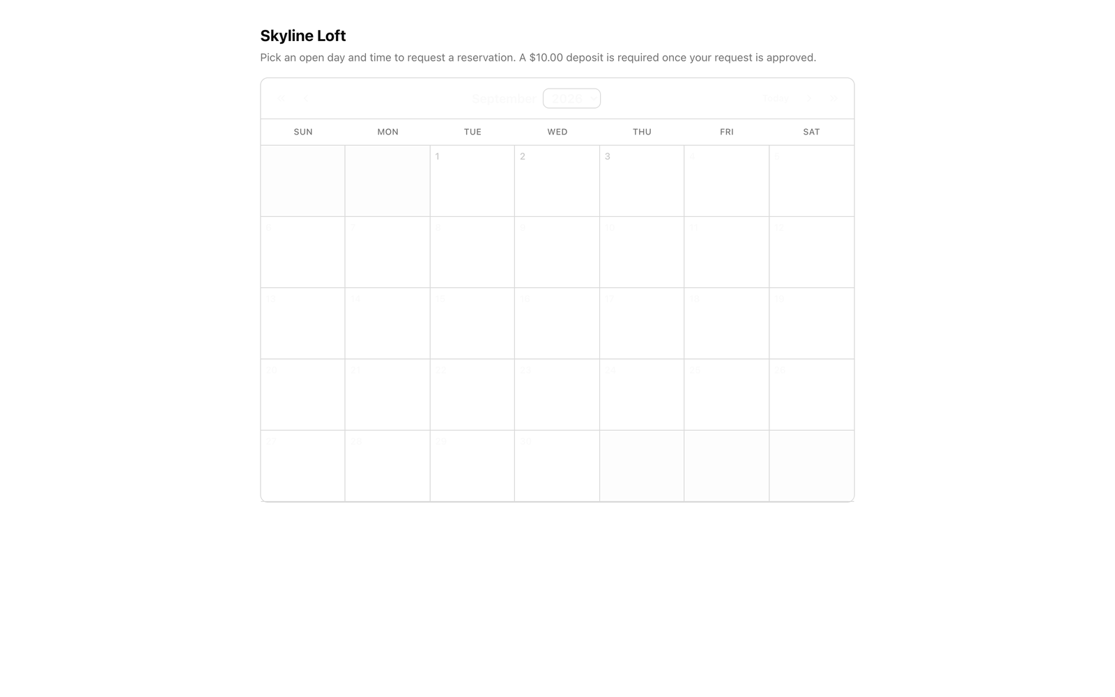 The public booking page (/book/[spaceId]), a month calendar with open days, the space name and intro text, and a day selected showing start-time options.
