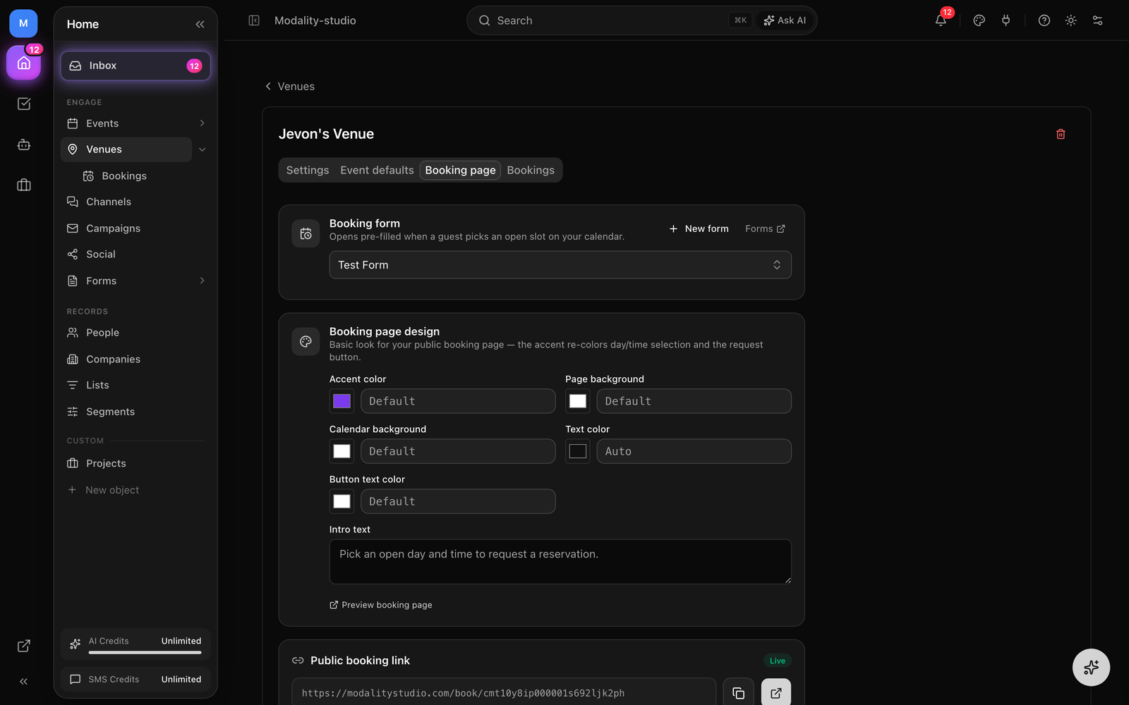 The auto-created 'Reservation Request' booking form in the form builder (First name, Last name, Email required, Phone, note), and the Space setting that links a form to the space.
