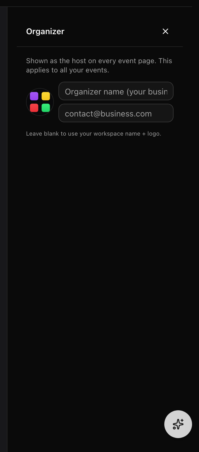 The Organizer panel in the event/organizer page editor showing the organizer name field, organizer email field, and the organizer photo upload.