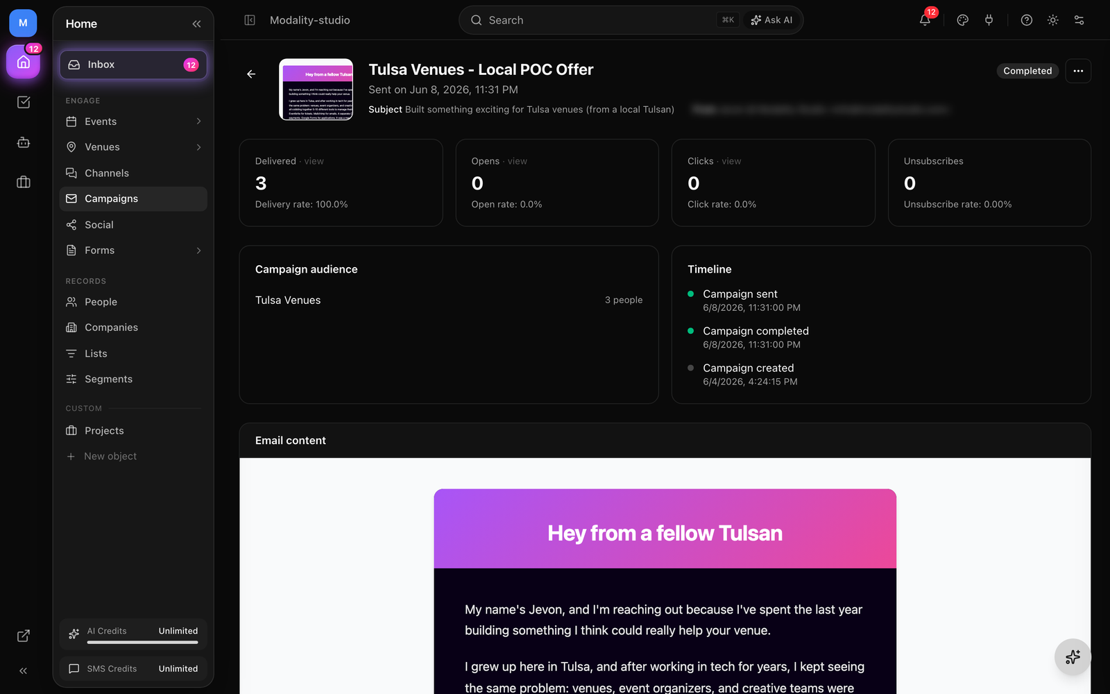 The sent-campaign analytics dashboard with the metric cards (delivered / opened / clicked / bounced / unsubscribed / complaints) above the chronological activity timeline.