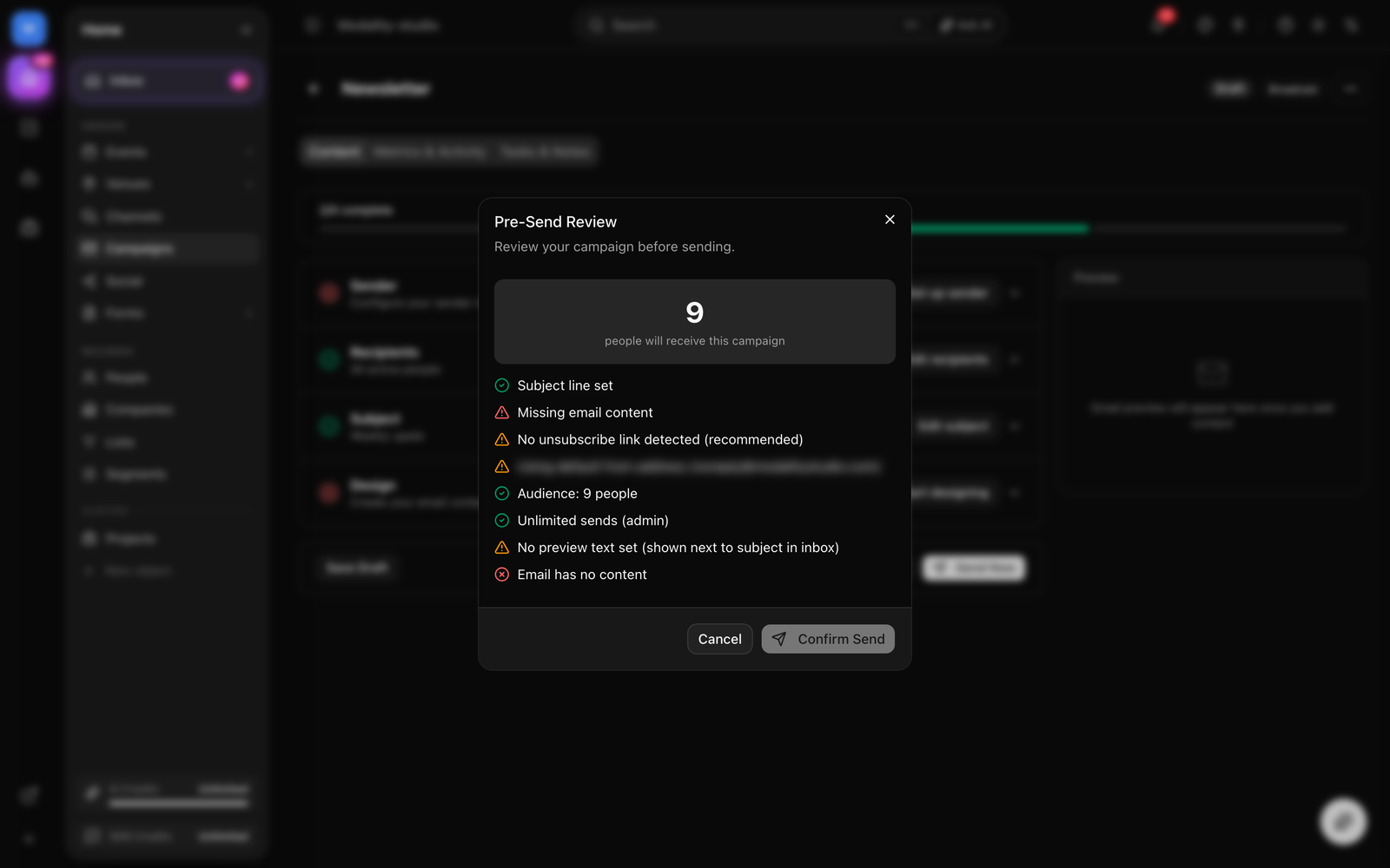 The pre-send review dialog showing screening warnings, the deliverability health indicator (green/amber/red), and the recipient count with any overage cost line.