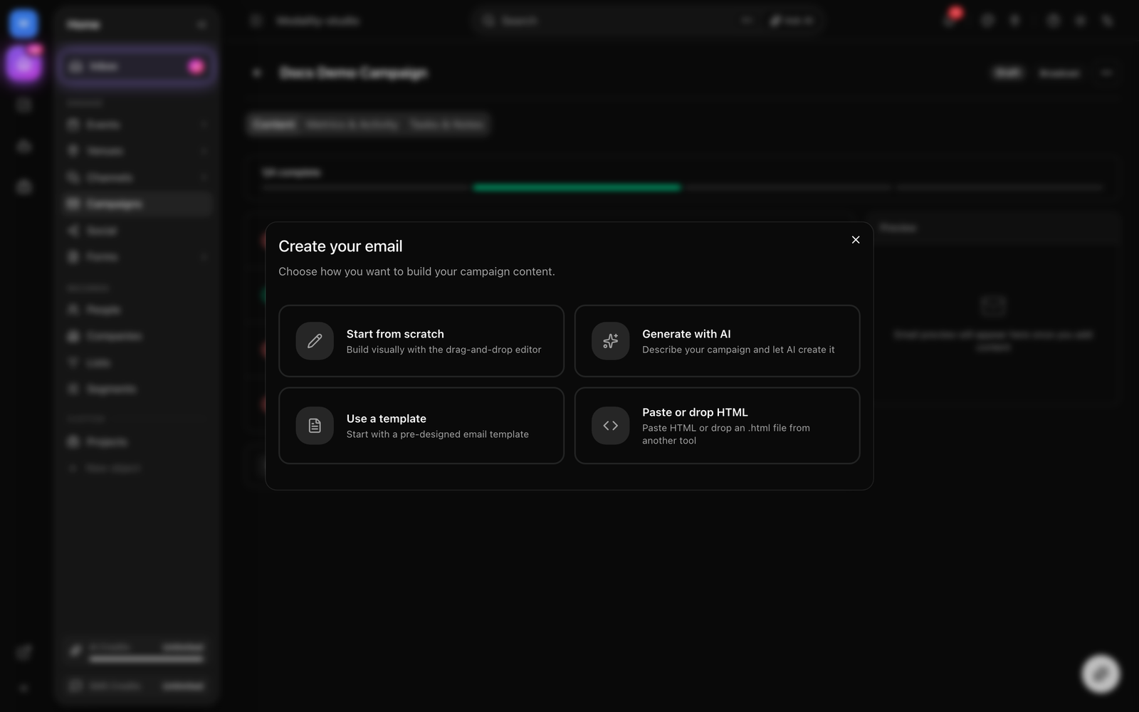 The setup-wizard four-option chooser, Start from scratch, Generate with AI, Choose a template, and Paste HTML, with each option's icon and description.