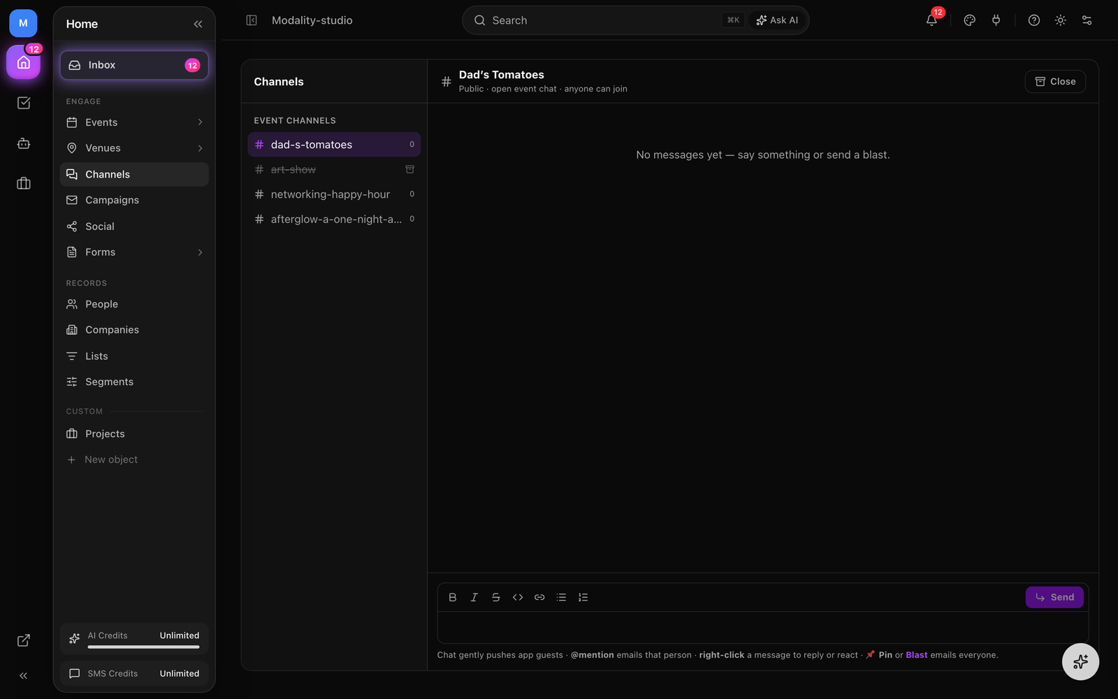 The Channels sidebar with a list of event channels (🔒 private and 💬 public) and the active channel thread showing host and guest messages, reactions, and a pinned announcement.