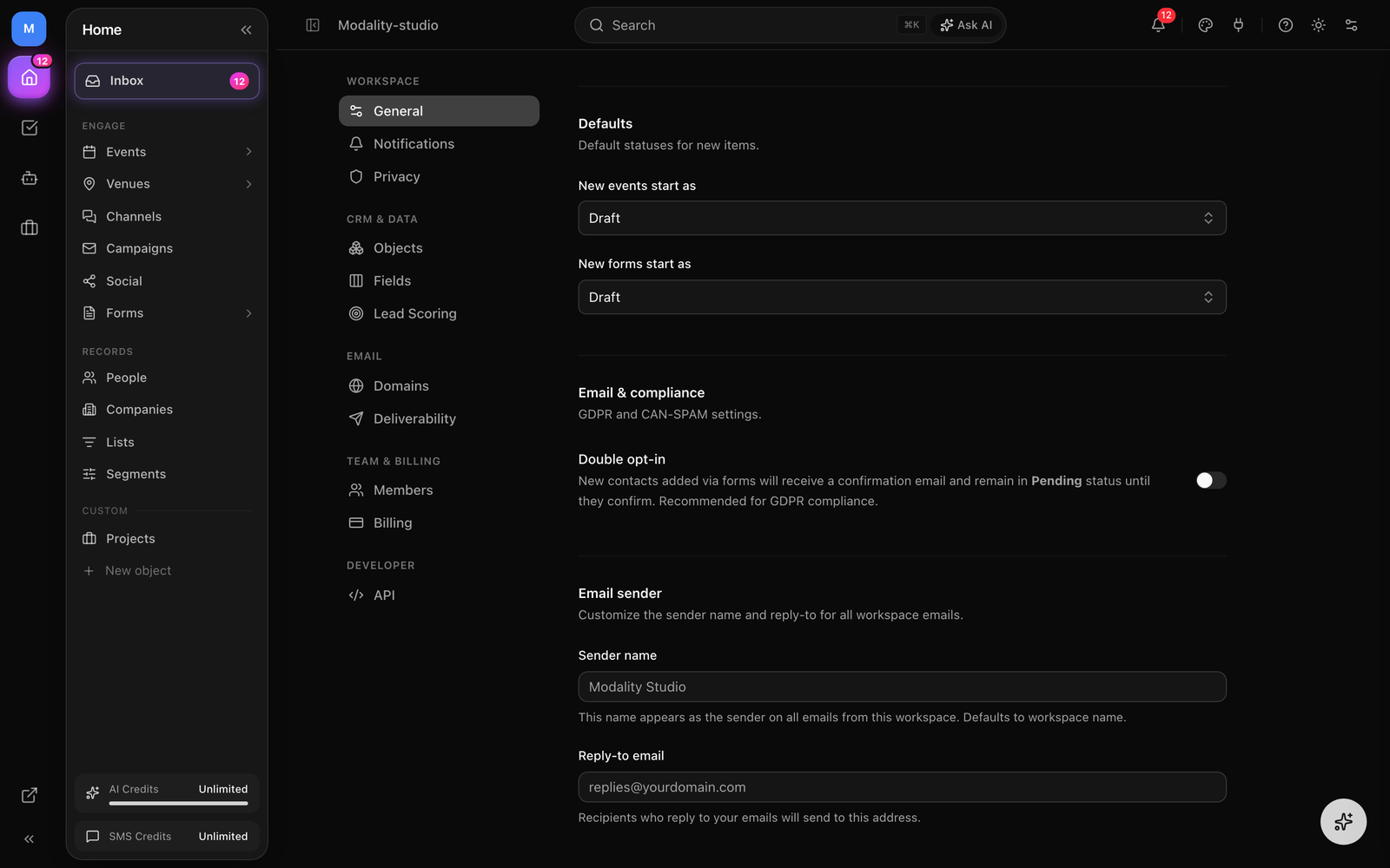 Settings → General → Email & Compliance panel, showing the single 'Double opt-in' toggle with its GDPR helper text.