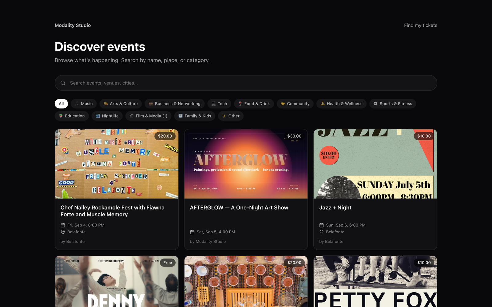 The /discover web page, the search bar, the category filter row, and a grid of upcoming event cards each showing cover image, title, date, venue, and starting price.