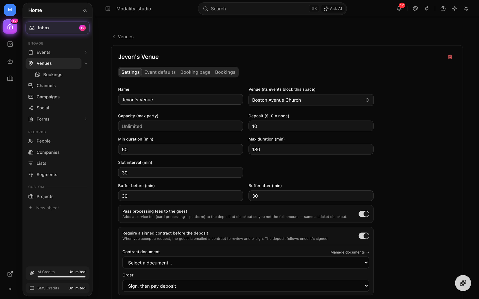 A space's settings with Require contract on and a contract template selected, plus a reservation row showing its contract status alongside the (still-locked) deposit.