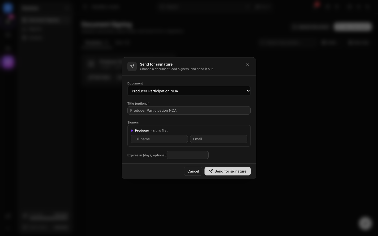 The Send for signature dialog with a title, a signer name/email per role, and the optional expiry field, plus the Bulk Send dialog showing a recipient list with prefill columns.