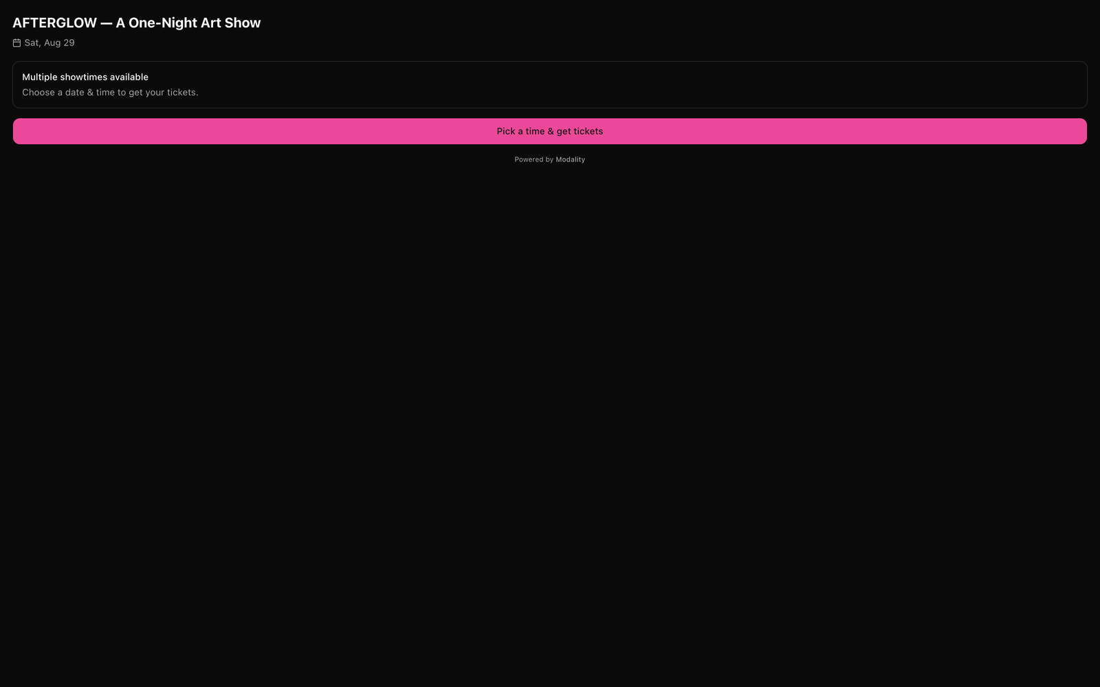 The embed widget in its multi-showtime state, event title/date/venue header, a 'Multiple showtimes available' card, and the 'Pick a time & get tickets' button that links to the full event page.