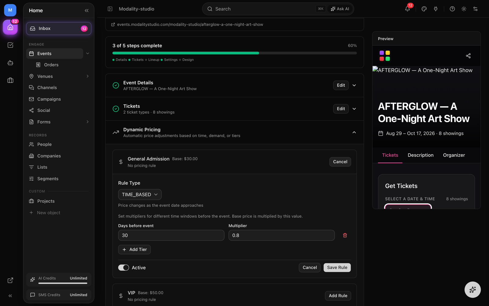 The dynamic pricing rule editor showing the three options, time-based (days-before tiers), demand-based (percent-sold tiers), and tiered (scheduled price changes).