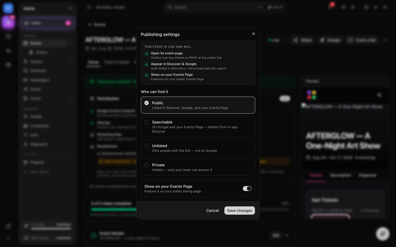 The Go Live dialog listing the four visibility levels (Public / Searchable / Unlisted / Private) with their descriptions and the Events Page toggle.