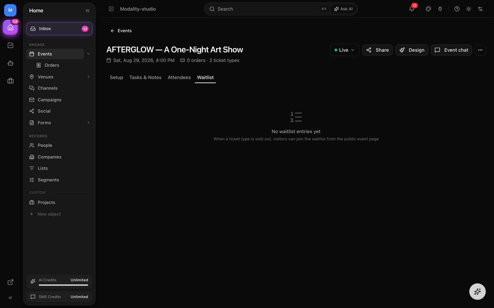The waitlist panel and the referral program panel side by side (waiting/offered/converted entries; reward type and referral codes).