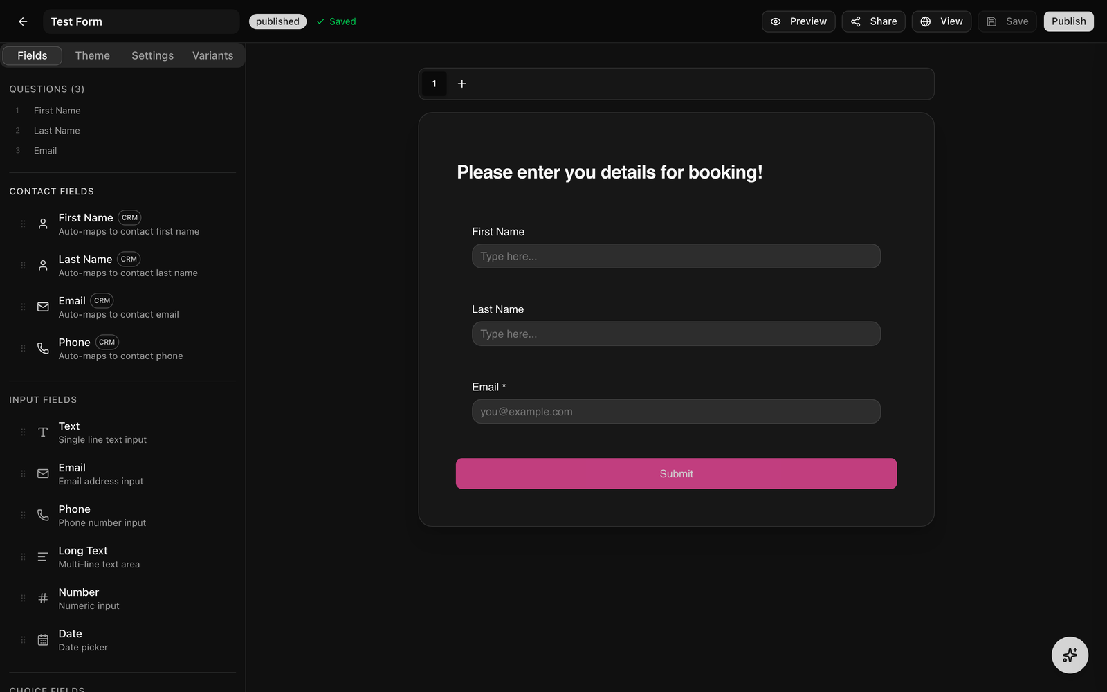 The full-screen form builder, left tabs (Fields / Theme / Settings / Variants), the live center canvas with page tabs, and the right-hand Field Settings panel for a selected field.
