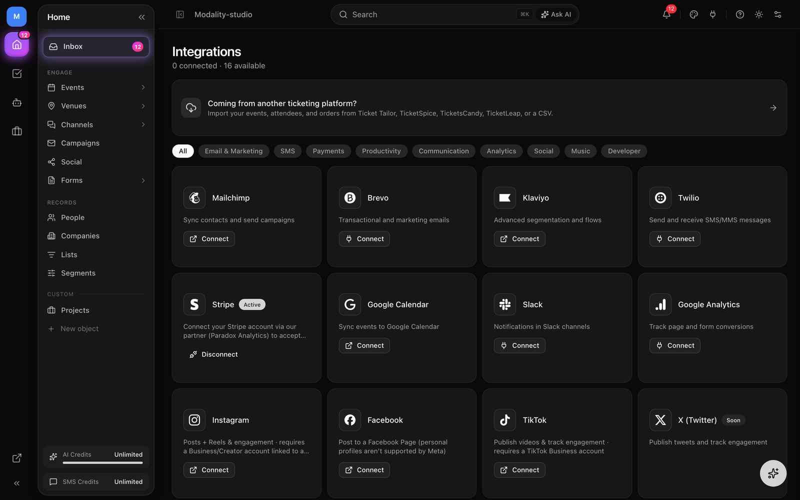 The Social category on the Integrations page, Instagram, Facebook, and TikTok connectable via OAuth, with X and LinkedIn showing the 'Soon' badge.