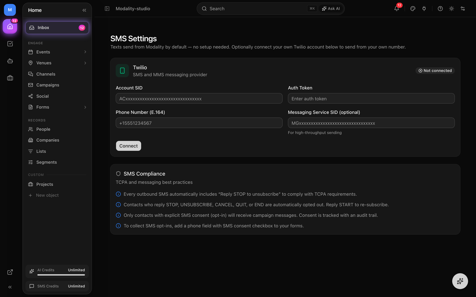 The Twilio connect dialog, Account SID, Auth Token, and Twilio phone number fields, with the collapsible 'Advanced options' revealing the Messaging Service SID.