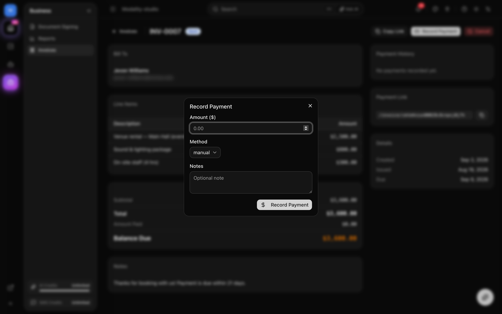 The invoice detail page with the Record Payment dialog open (Amount, Method = Manual/Cash/Check, Notes), alongside the Payment History card in the sidebar.