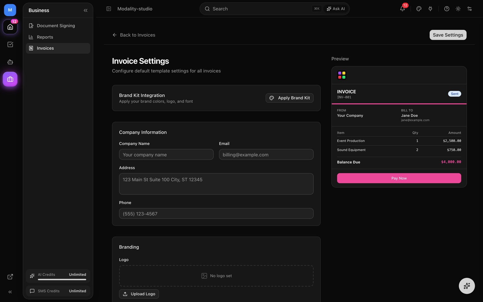 The Invoice Settings page, Company Information, Branding with Apply Brand Kit, Default Terms/Messages, and the merge-tag reference, with the live invoice preview on the right.