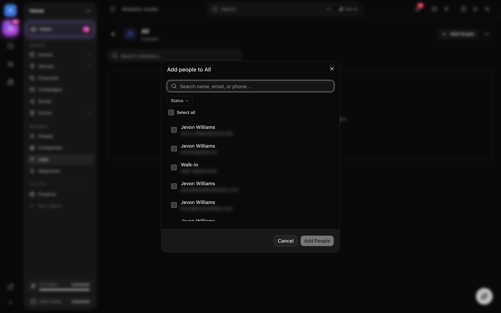 A list detail page, the member table with name/email/status columns, the 'Add people' search dialog, and the Export CSV action.