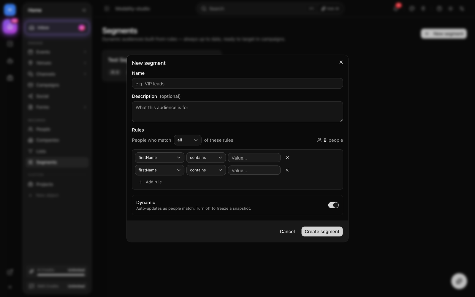 The segment rule builder, the ALL/ANY match toggle, a couple of field/operator/value rule rows, and the live 'N people match' count.