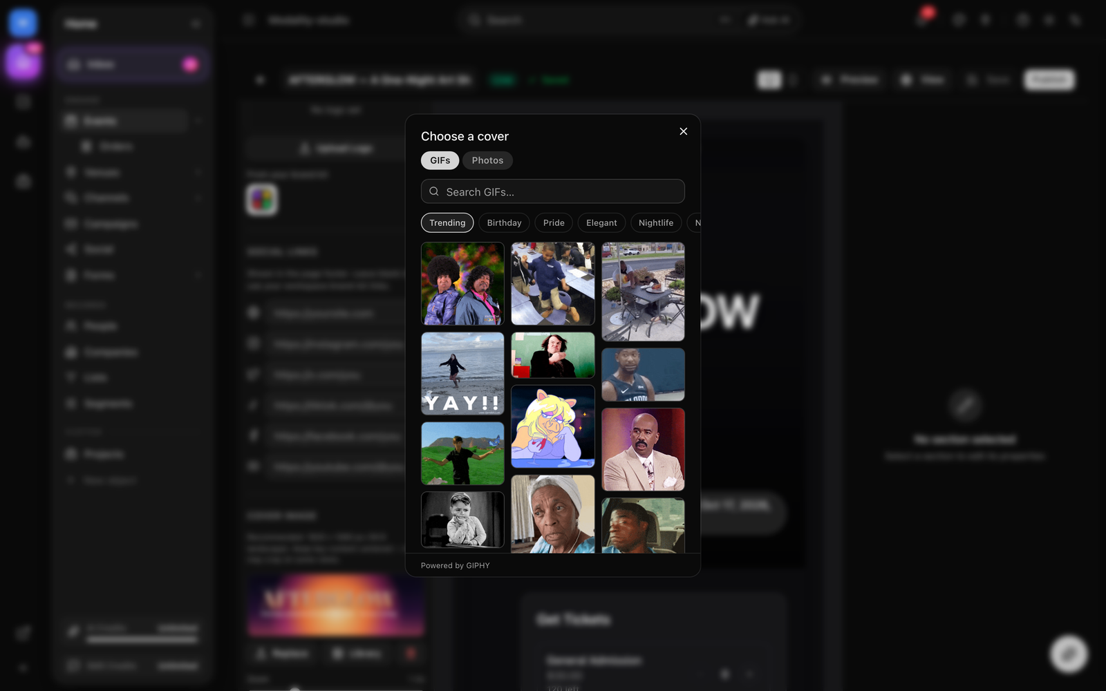 The 'Choose a cover' media library dialog open in the event editor, the GIFs / Photos tabs, the search box, the curated category chips, and the masonry grid of results.