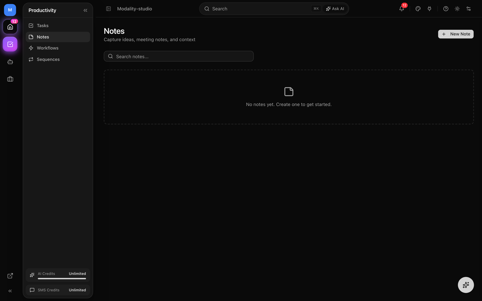The Notes page, the search box, the rich-text compose card open at the top, and the card grid below showing note previews with time-ago and linked-record badges.