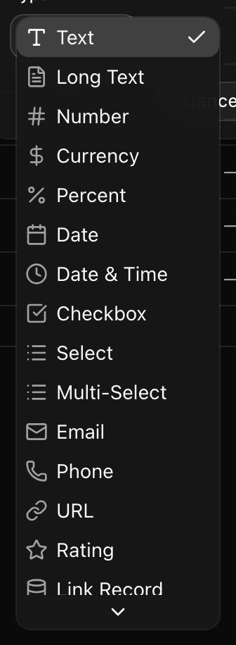 Adding a field, the type picker open, showing text, number, currency, select, relationship, lookup, calculated, and the other field types with their icons.