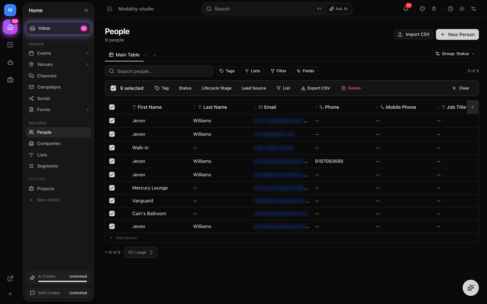 Creating a record inline in the table, then selecting several rows to show the bulk action bar (update field, tag, export, delete).