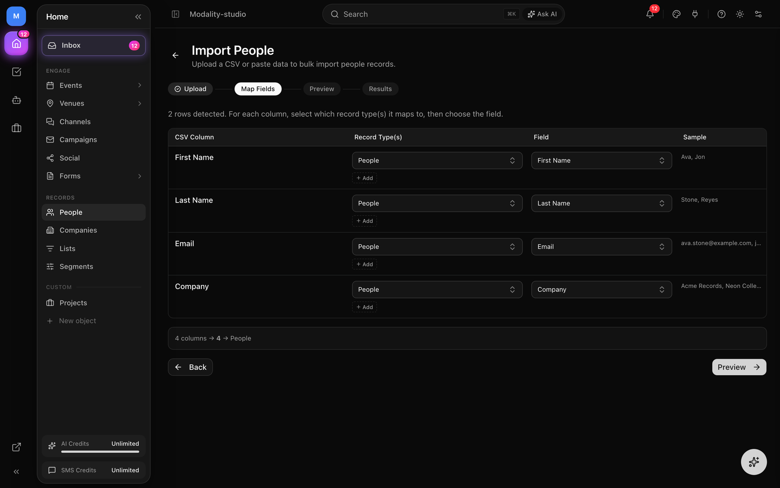 The import wizard, upload a CSV, watch columns auto-map with inferred field types and confidence badges, route a column to Companies, preview, and land on the created/updated/error results.