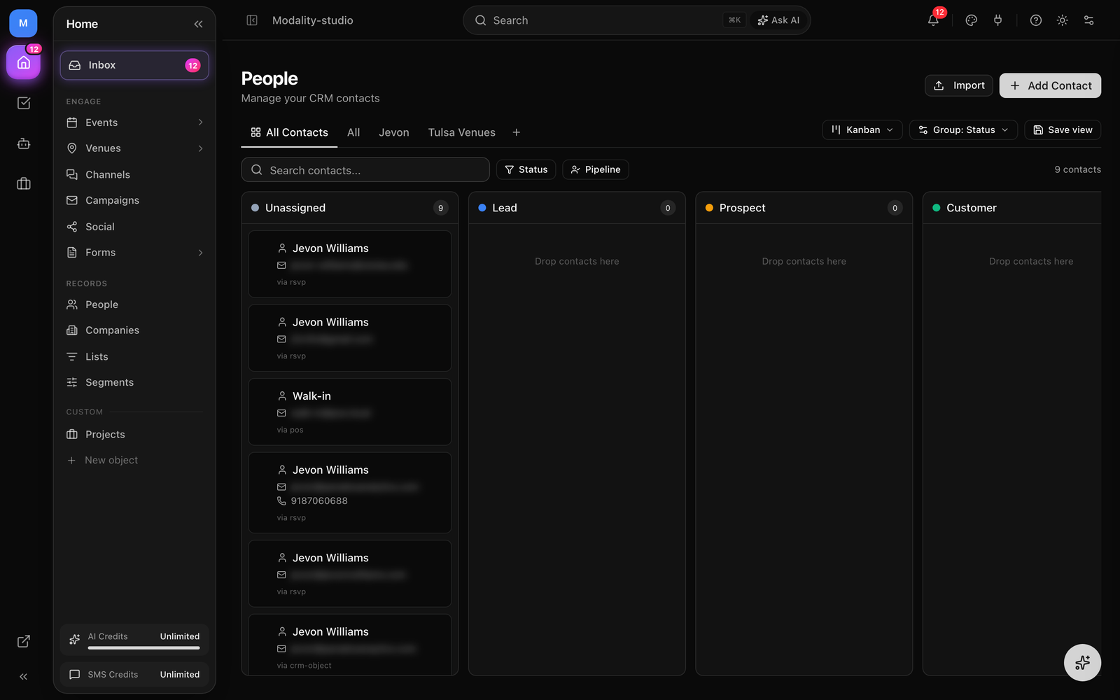 Adding a Kanban (Board) view, choosing the field to group by, and dragging a card from one column to another to update that field.