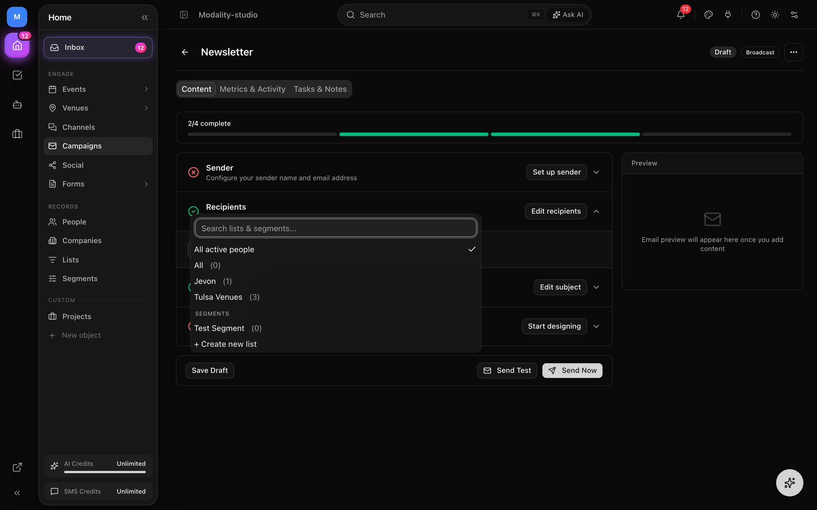 A campaign’s Recipients picker open, showing Lists and a separate Segments group, with a segment selected and its live “N people match this segment” count below.