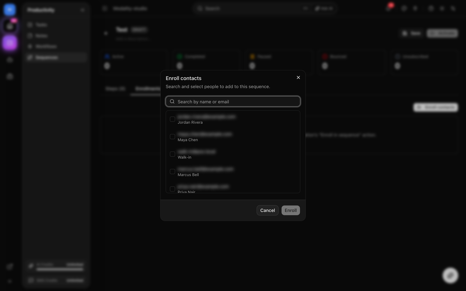 The Enroll dialog on a sequence, a contact search box with several People selected as chips, ready to enroll.