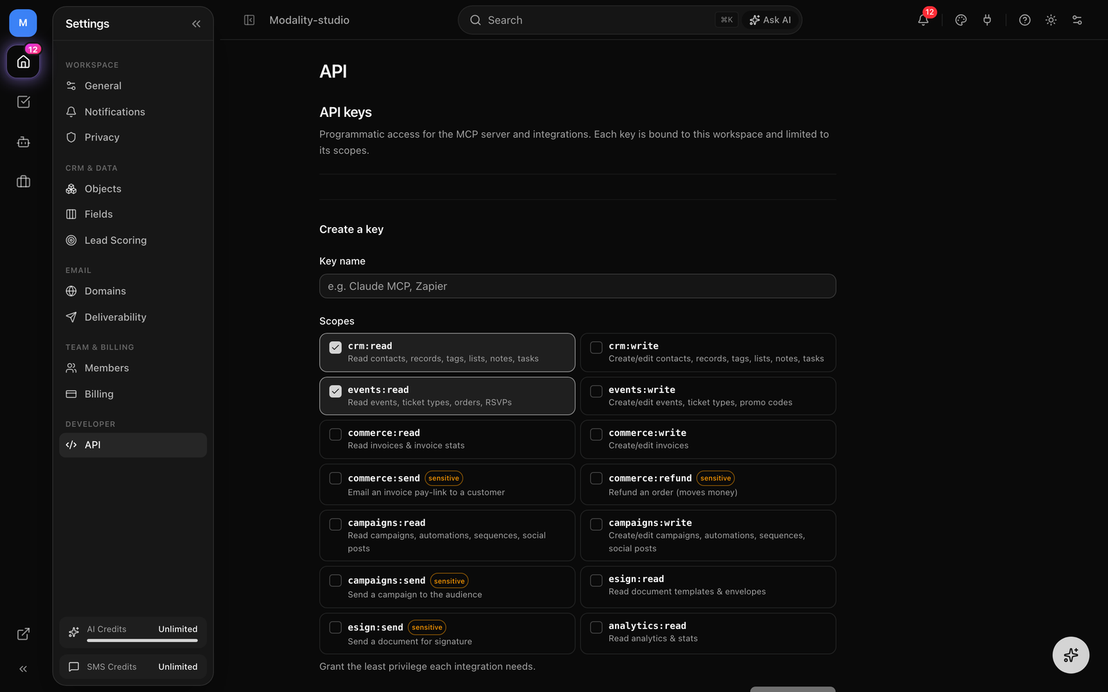 Settings → API keys tab (src/app/(dashboard)/settings/api-keys-tab.tsx) showing the scope checkboxes (read vs write vs sensitive send/refund), the Business-plan upgrade gate for non-Business workspaces, and the one-time reveal of a freshly created mk_live_ secret.