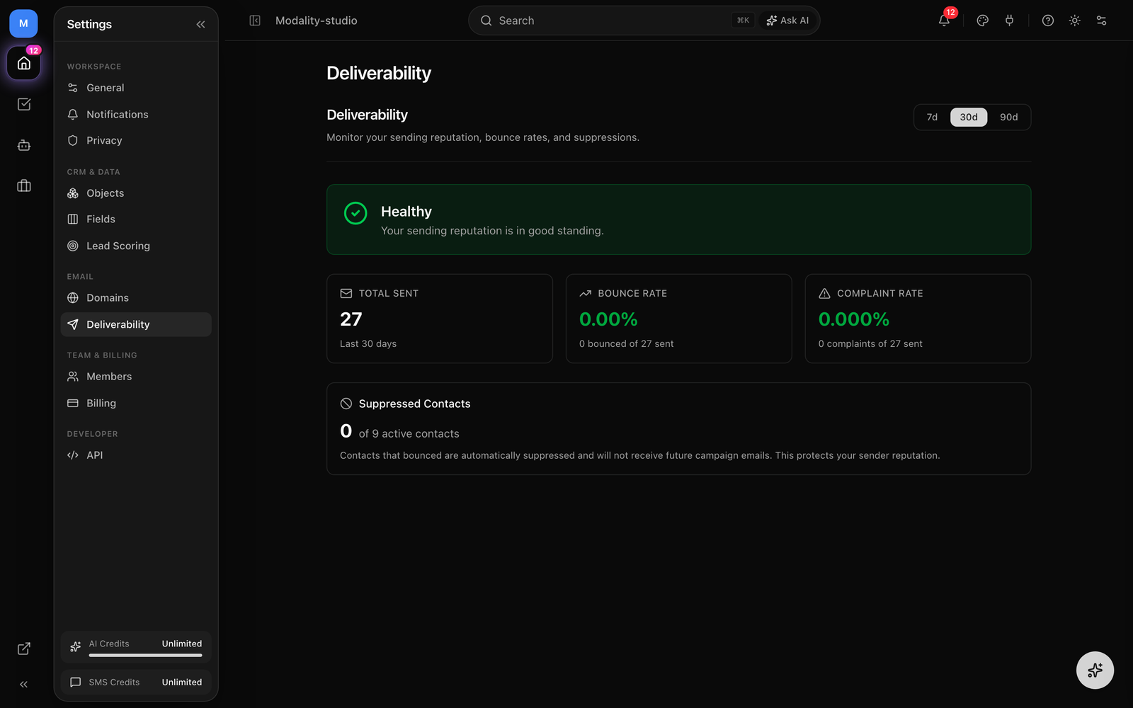 Settings → Deliverability showing the Healthy/Warning/Critical status banner, the Total Sent / Bounce Rate / Complaint Rate metric cards, the Suppressed Contacts count, and the Recent Bounces table with redacted recipients.
