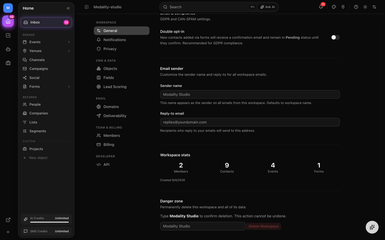 The General tab showing the Workspace, Regional, Defaults, Email & Compliance, and Email Sender cards, with the Save Changes button and the red Danger Zone below.