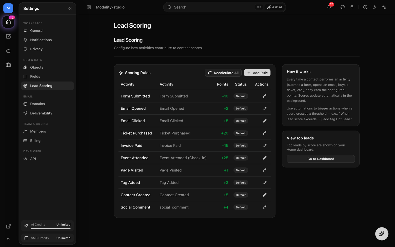 Settings → Lead Scoring, the Scoring Rules table (Activity, Points, Status, Actions) with the 'Recalculate All' and 'Add Rule' buttons, and the 'How it works' / 'View top leads' sidebar.