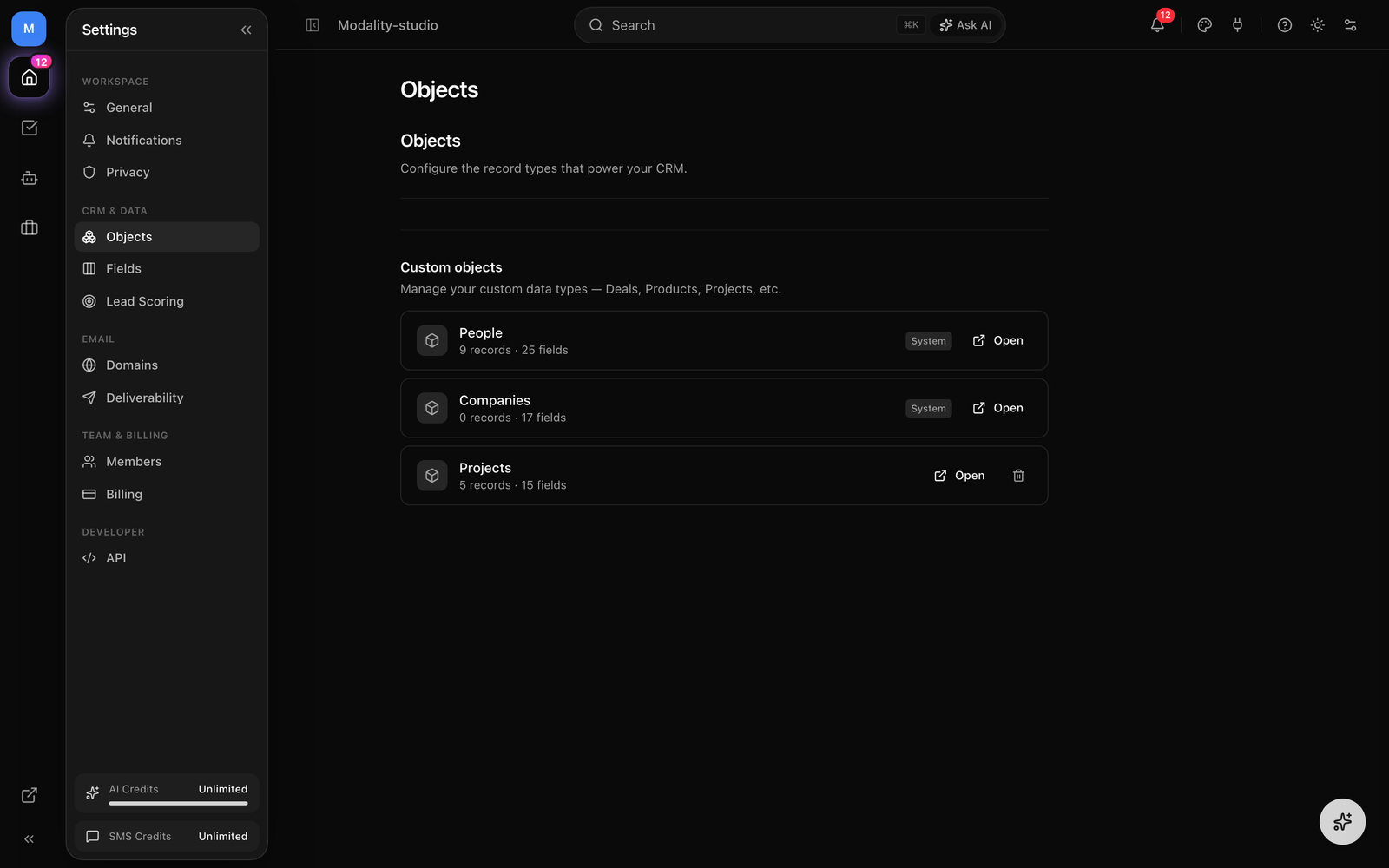 The Objects tab listing custom object types with record/field counts, the System badge on a standard object, and the Open / delete controls.