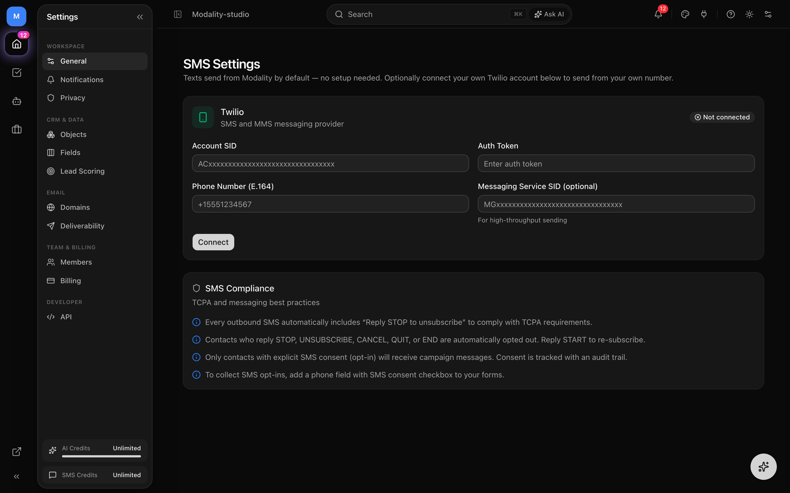 The Integrations page Twilio connector card with fields for Account SID, Auth Token / API Key, and From number or Messaging Service SID.