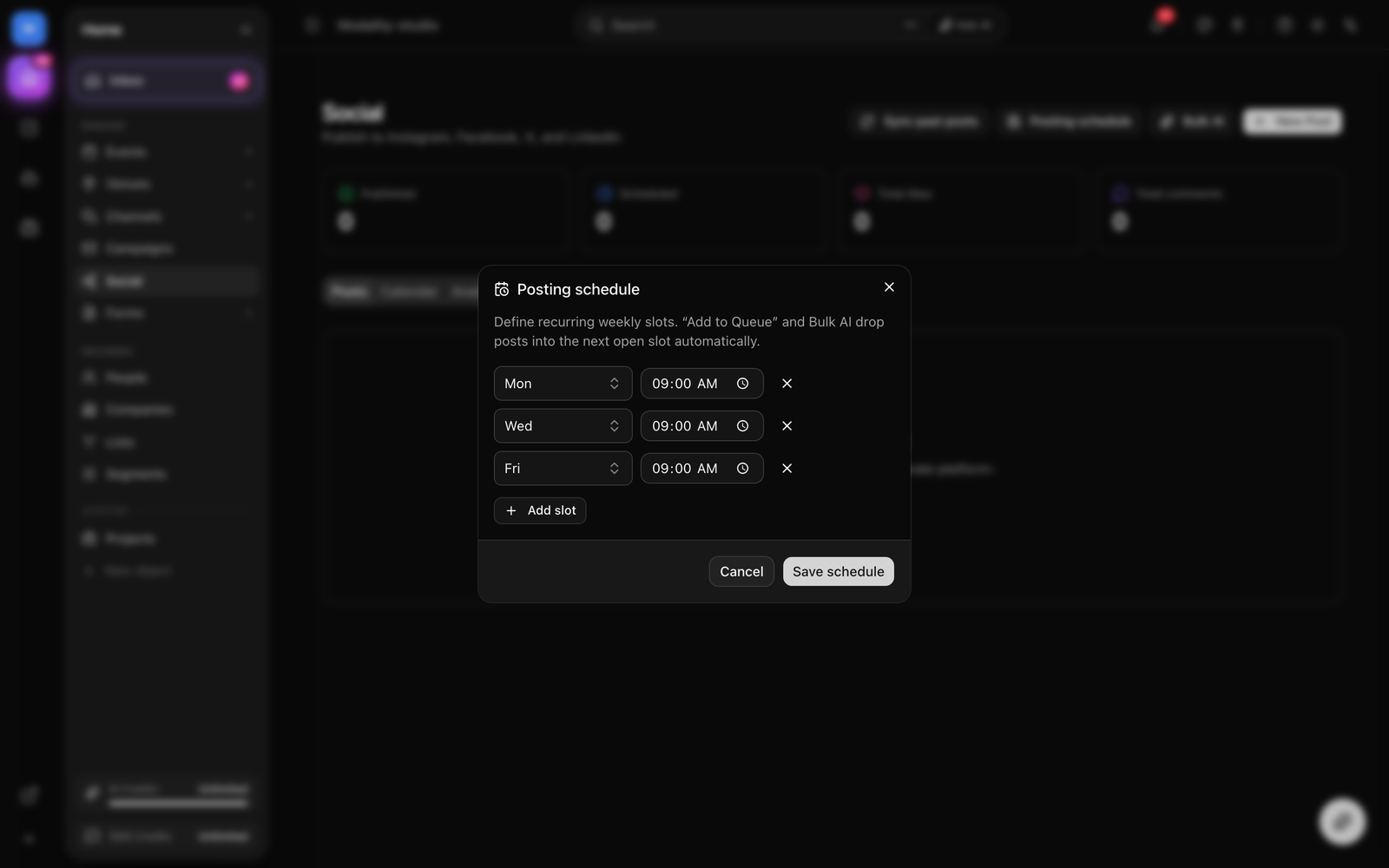 The Posting schedule dialog with recurring weekly slots, and the Bulk AI review step showing several drafts each assigned a queue time.