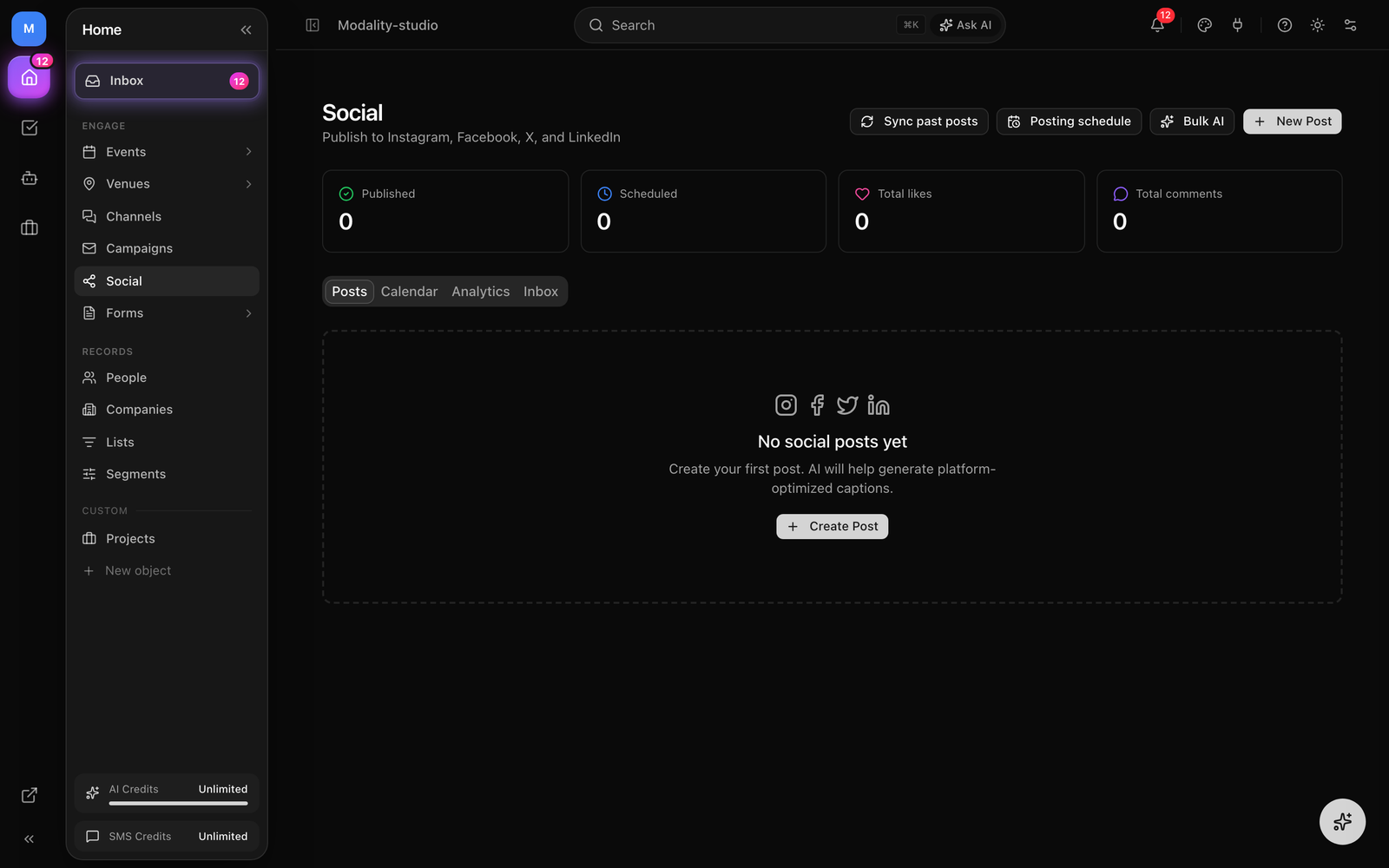 The Social page with the Posts / Calendar / Analytics / Inbox tabs, a couple of published and scheduled posts, and the Compose button.