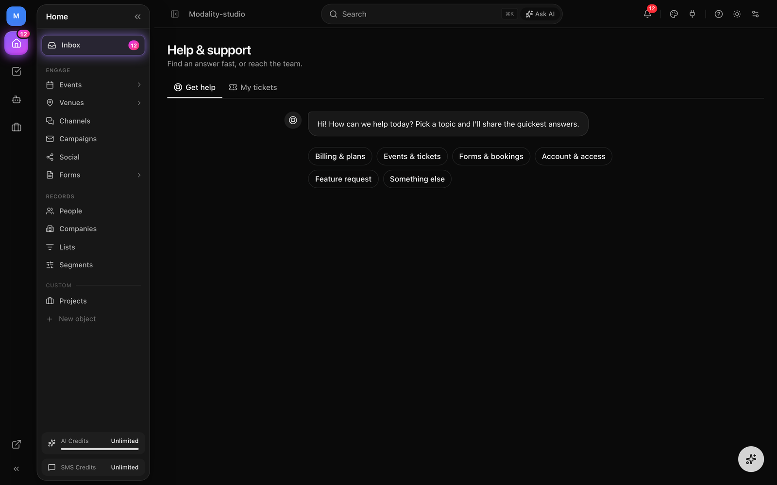 The in-app Help & support page, Get help tab, topic chips selected, curated answers with 'Learn more' links, and the 'Still need help? Contact support' ticket form open (Subject / Category / How can we help).