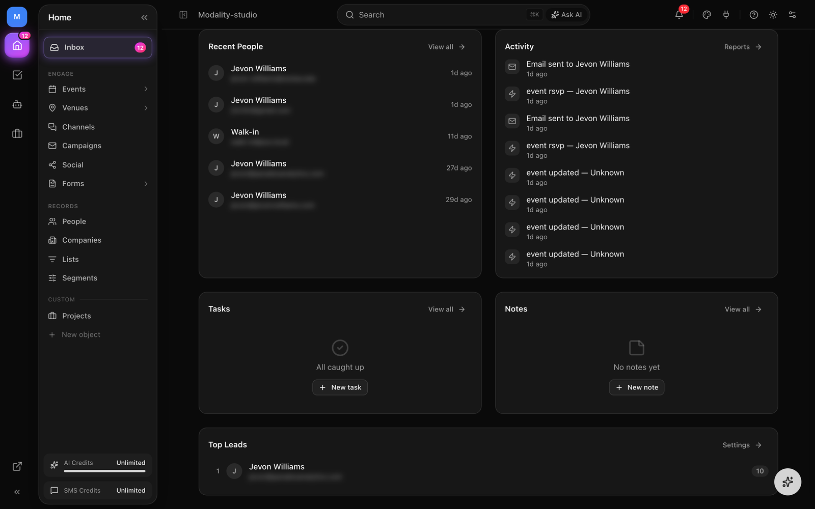 The Home dashboard's lower grid showing the Tasks card (open tasks with due-date badges) beside the Notes card (recent note previews), with the Inbox entry visible at the top of the sidebar.