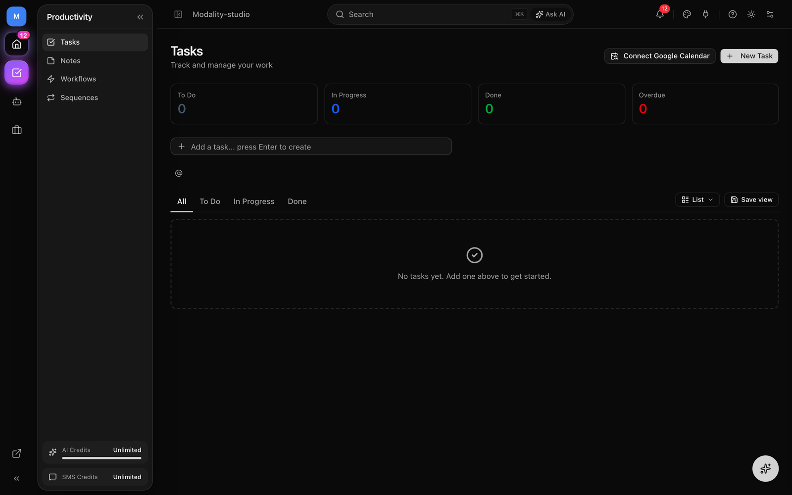 The Tasks page, the four-count stats bar (To Do / In Progress / Done / Overdue), the quick-add input, the status tabs, and the List view with inline priority, due-date, and status controls on each row.