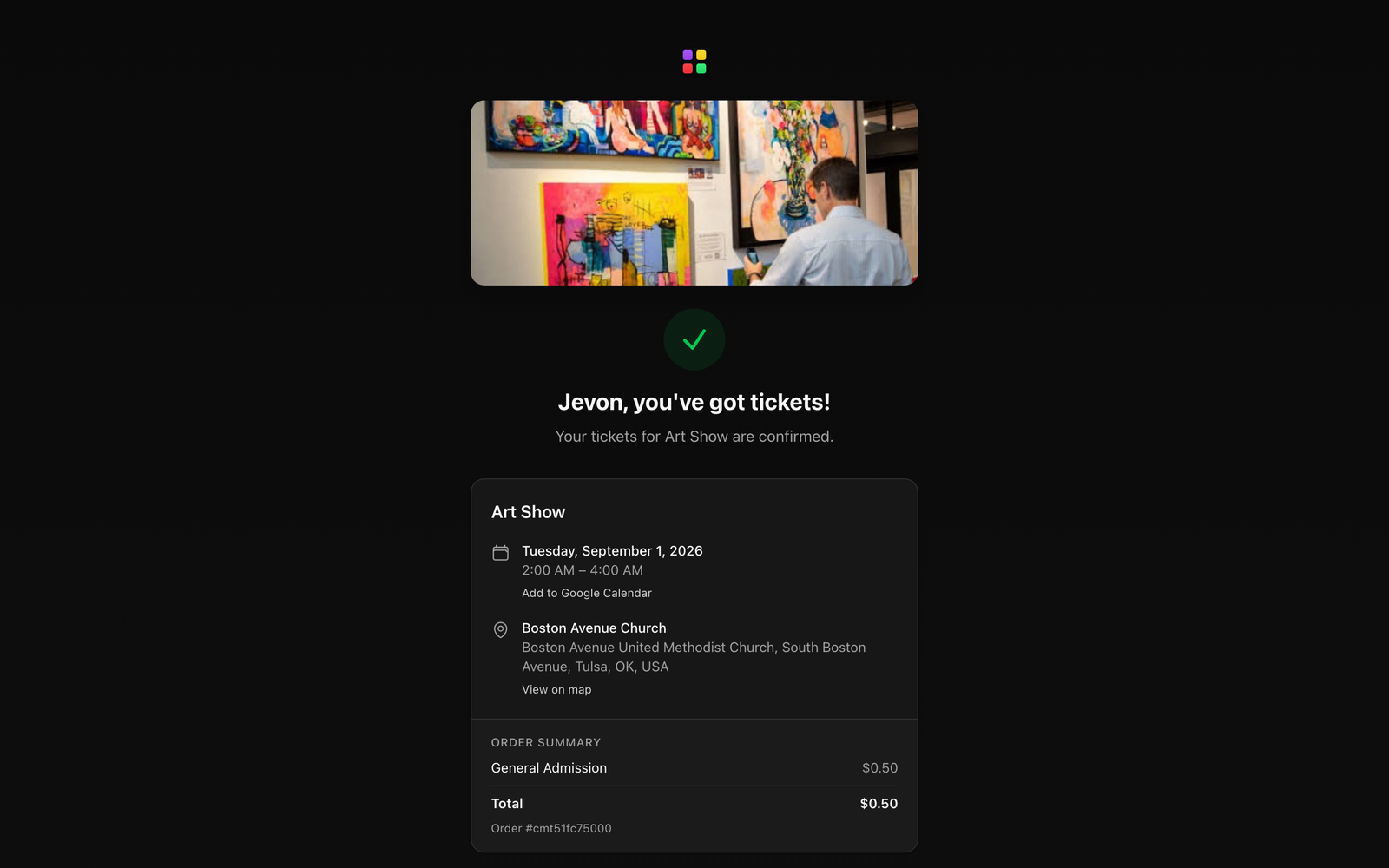 The ticket confirmation page showing a valid ticket with its QR code and the Download QR, Add to Apple Wallet, and Add to Google Wallet buttons.