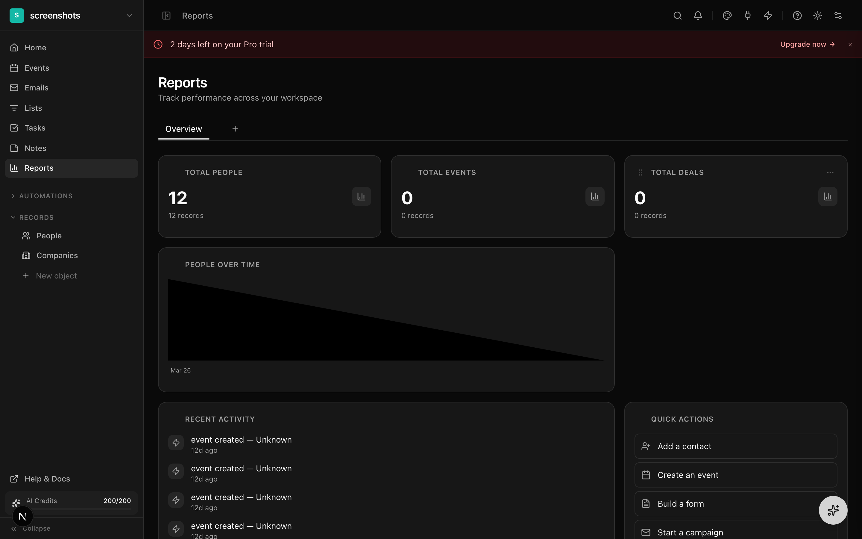 Reports dashboard with stat cards, charts, recent activity, and top events
