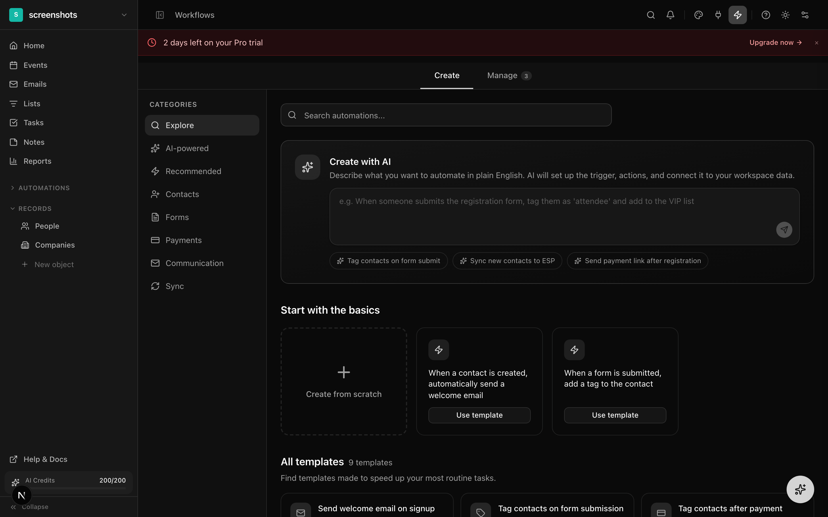 Automations page showing automation workflows with triggers and status