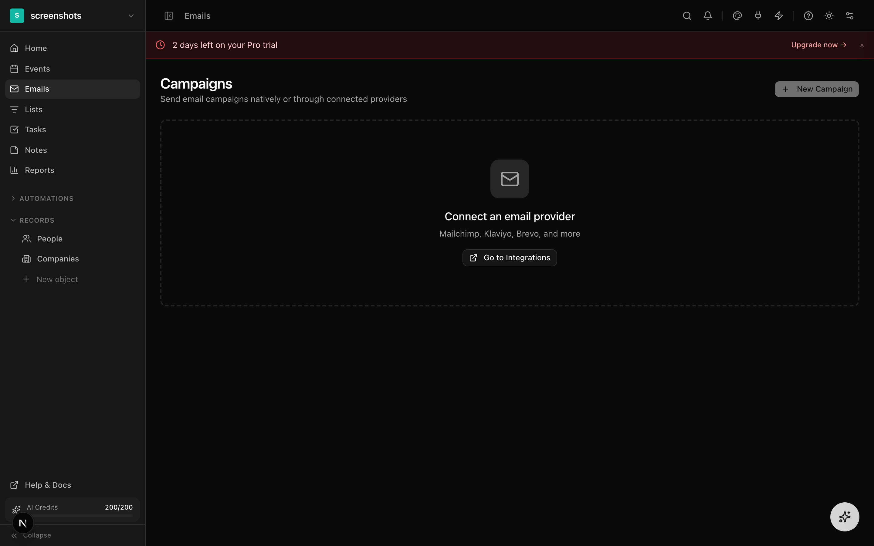 Campaigns page with search, type filter, provider filter, and view switcher